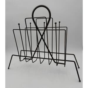 Vintage MCM mid century modern 50s Black Metal Wire Magazine Record Rack Atomic